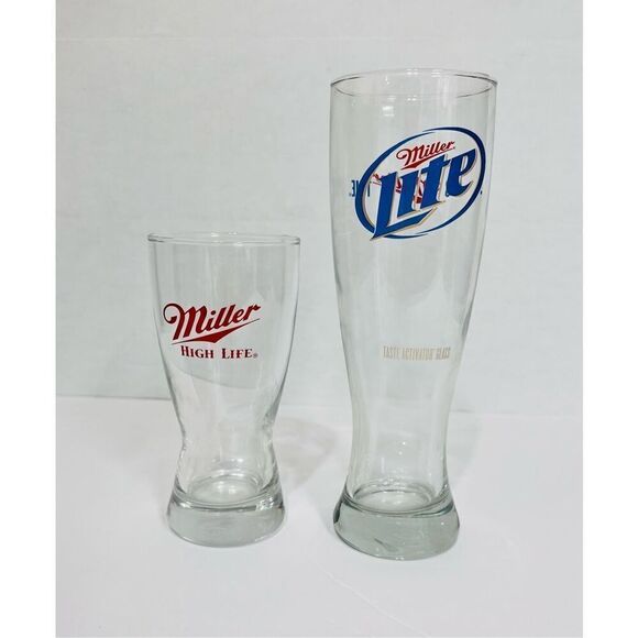 Miller Beer Glasses   One 16 Oz Miller Lite   One 12 Ounce Miller High Life - Picture 1 of 6